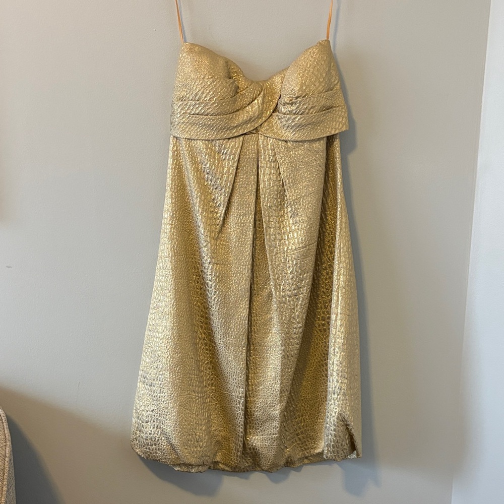 Gold Strapless Pleated Evening Dress